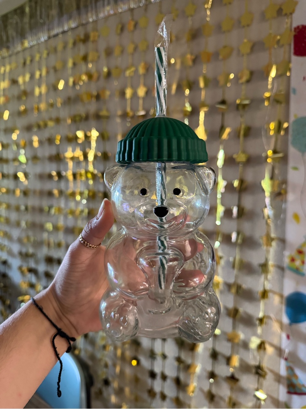 Clear Bear-Shaped Drink Cup with Green Lid and Straw